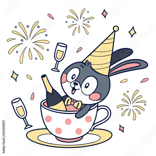 A Surprised Bunny with in a teacup in a New Year celebration theme – Midnight Sparkle palette SVG illustration