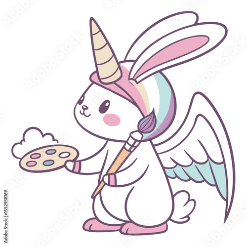Shy Bunny with holding a paintbrush, set in a charming Unicorn Dreams theme – Unicorn Dreams color vector art