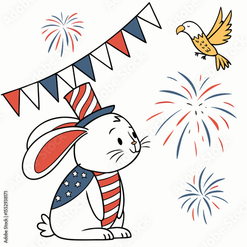 Cute Shy Bunny, accessorized with wearing a party hat, in a 4th of July world – Patriotic Spark palette vector