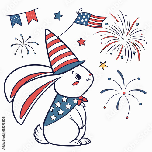 Cute Shy Bunny, accessorized with wearing a party hat, in a 4th of July world – Patriotic Spark palette vector