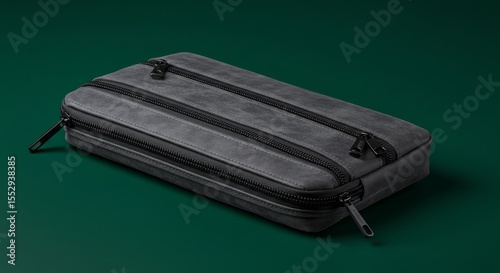 Grey Tri-Zip Travel Case on Emerald Green Background