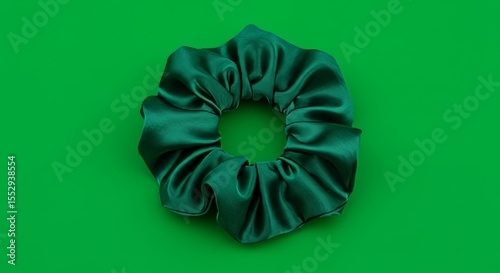Emerald Green Silk Scrunchie on Green Background