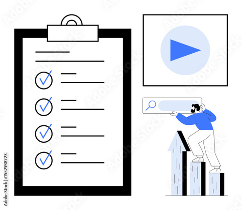 Large checklist, individual climbing growth chart, play button, and search bar represent goal setting, progress, research, planning, productivity, achievement and self-improvement in a simple flat