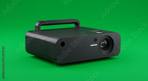 Modern Black Projector with Handle on Green Background, Studio Shot
