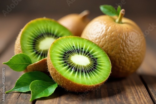 Hand painted kiwi fruit set; whole, halves, and leaves , art, pattern