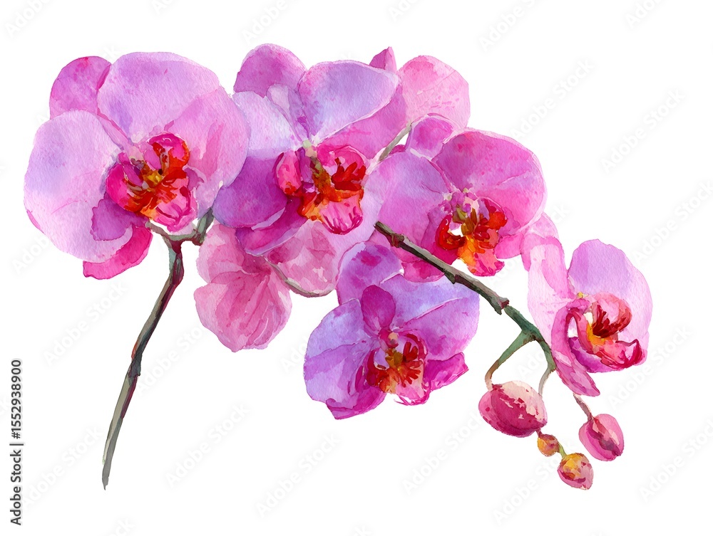 Obraz premium Pink moth orchid (Phalaenopsis) flower on a twig. Isolated on white background. Watercolor painting.