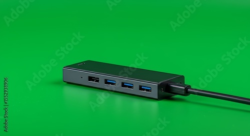 Black USB Hub with Four Ports on Green Background