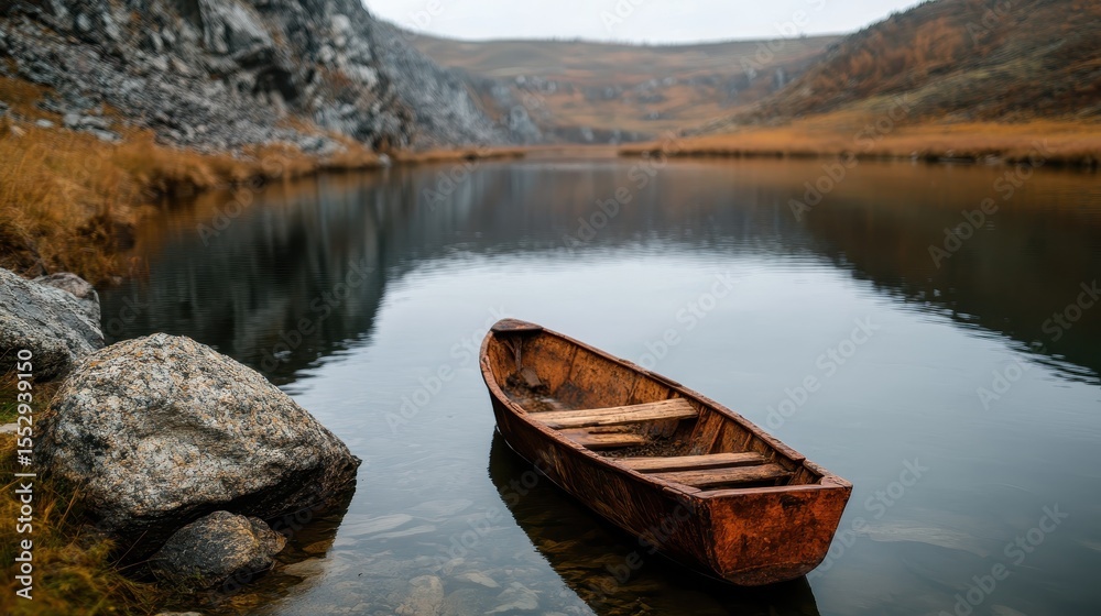Obraz premium A tranquil image capturing a rustic wooden boat floating in a still lake, surrounded by dramatic cliffs and a peaceful landscape that invites reflection.