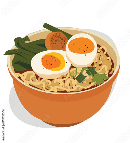 Illustration of Japanese ramen.A Bowl of Delicious Noodle Ramen Japanese Food with Boiled Egg