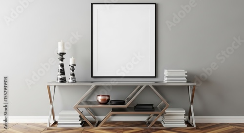 Modern console table with geometric design displaying books candles and decorative objects
