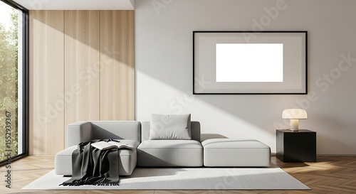 Modern living room with white sectional sofa wooden wall paneling and large window with natural light
