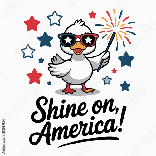 White bird with American sunglasses and sparkler illustration with shine on America text for celebration  