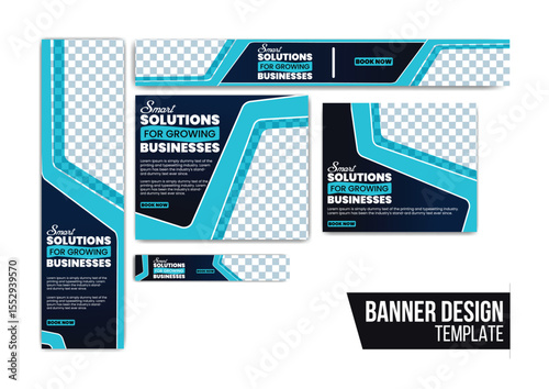 abstract web banner set in standard sizes—vertical, horizontal, and square layouts with image placeholders, bold blue gradients, and diagonal lines. great for marketing, websites, and ads.