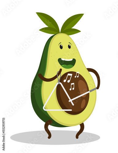 Cheerful musician avocado fruit plays a melody on a musical triangle by striking a thin metal stick. Cartoon vector isolated on white background