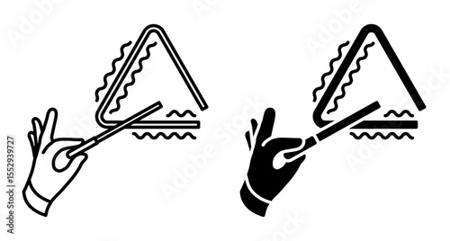 Line icon. Musician hand plays a melody on a musical triangle by striking a thin metal stick. Simple black and white vector isolated on white background