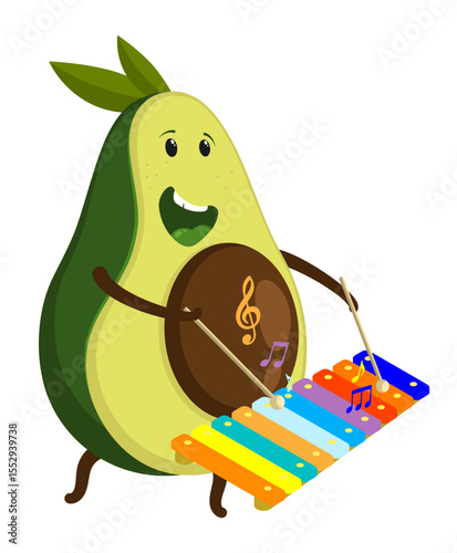 Cheerful musician avocado fruit plays a musical melody with wooden sticks on the keys of a children xylophone. Cartoon vector isolated on white background