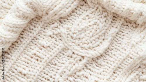 Close up of thick knit wool sweater with detailed braided pattern in cream color for winter fashion