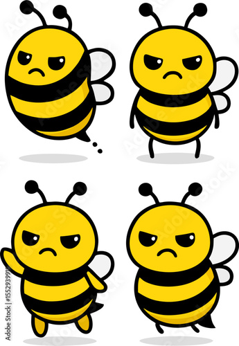 angry bee cartoon mascot vector set cute yellow honeybee character with different mad expressions flying pointing standing for kids animal design