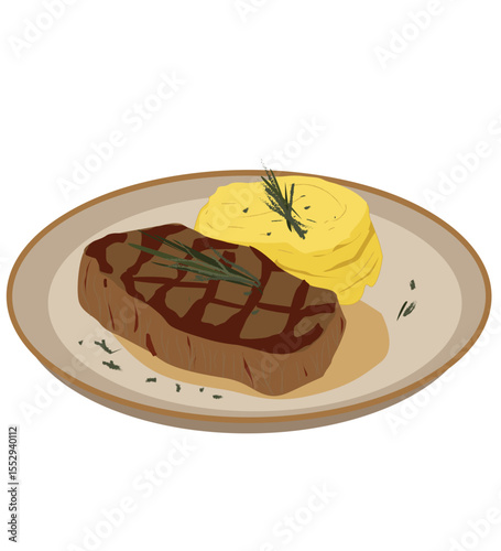 Mashed potatoes with meat.Plate with steak and mash