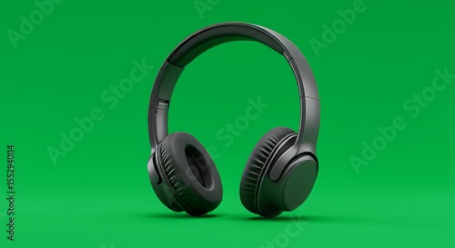 Sleek black headphones stand out against a vibrant green backdrop in a studio shot.