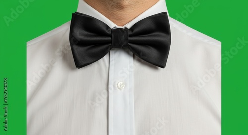 Elegant Black Bow Tie on White Shirt with Green Background