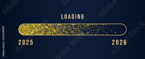 2026 Happy New Year Background. Loading bar with flowing golden dots particles on dark blue background . Vector Illustration for New Year 2026greeting card, banner, poster, flyer festive design.