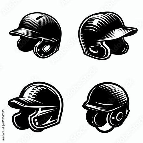 Baseball helmet. Sports Game Athlete Fitness Exercise Equipment Clipart Line Art Vector Illustration. Batting headgear protective covering for hitter in sport a safety item.