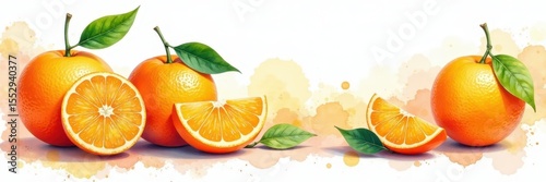 Vibrant tangerines, watercolor wash, white background , refreshment, orange
