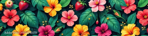 Vibrant jungle blooms & fruits collage seamless pattern, contemporary, exotic