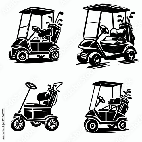 Caddie cart. Sports Game Athlete Fitness Exercise Equipment Clipart Line Art Vector Illustration. Golf gear rolling carrier for clubs and on the fairway.