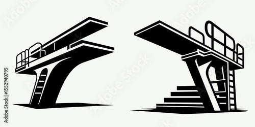 Diving board. Sports Game Athlete Fitness Exercise Equipment Clipart Line Art Vector Illustration. Springboard fixture for aquatic activity an exciting recreational jump platform.