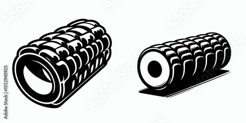 Foam roller. Sports Game Athlete Fitness Exercise Equipment Clipart Line Art Vector Illustration. Muscle relaxation aid utilizing cylindrical massaging device for body care.