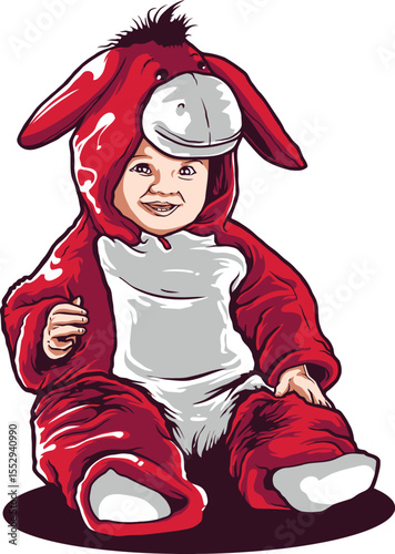  Photo of a cute baby sits in a red donkey costume