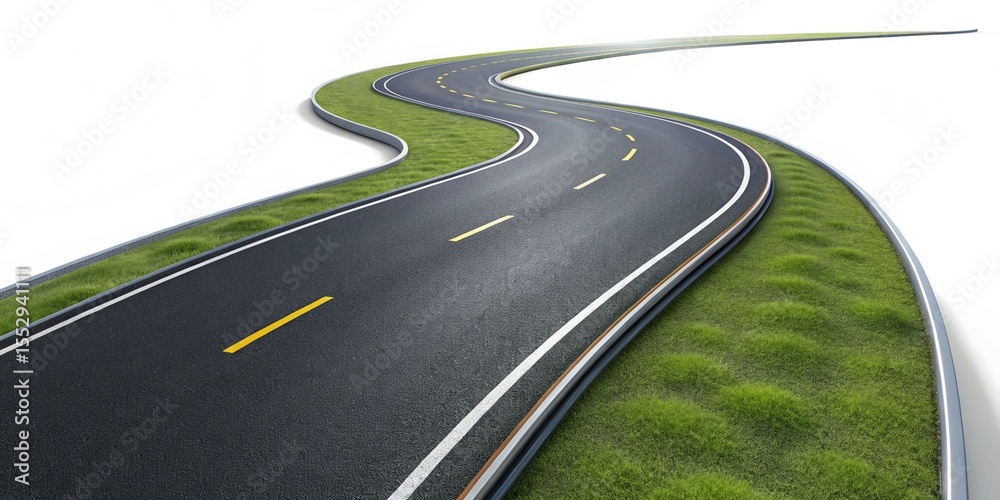 Obraz premium Curved Asphalt Road with Yellow Center Line with green grass.