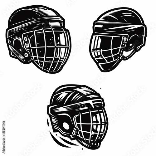 Hockey helmet. Sports Game Athlete Fitness Exercise Equipment Clipart Line Art Vector Illustration. Headgear for ice hockey protective gear head safeguard during the.
