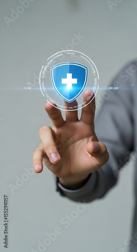 Health insurance protection shield concept: hand reaching for virtual medical security technology