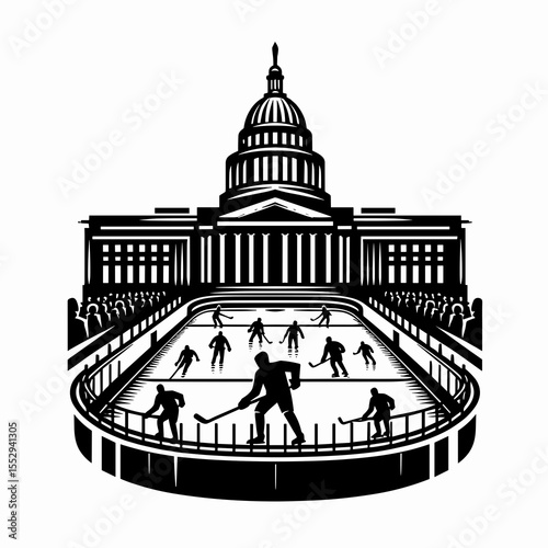 Ice rink. Sports Game Athlete Fitness Exercise Equipment Clipart Line Art Vector Illustration. Frozen ground for skating a winter recreational facility glide activity.