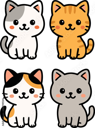 cute smiling cat cartoon mascot vector set adorable kitten characters with different breeds and colors happy face sitting standing waving for kids animal design