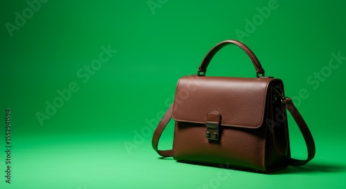 Elegant brown leather handbag with shoulder strap on vibrant green background
