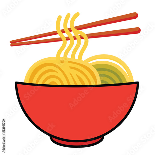 A red bowl of steaming noodles with chopsticks asian cuisine illustration