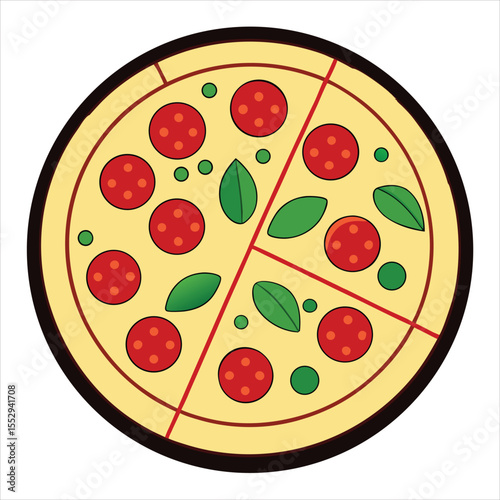 Delicious salami pizza with basil and green olives overhead shot