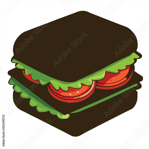 Isometric illustration of a simple sandwich with lettuce and tomato slices