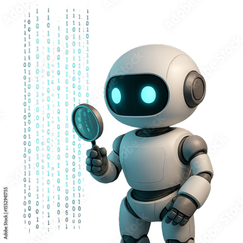Friendly Robot Analyzing Code with Digital Symbols in Background