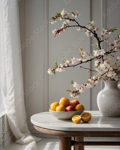 cozy home interior showing fruit plate drink and flowers on marble table with apple grape orange near window in dining space minimalist natural style Premium Fruit Stock Photo Background Wallpaper