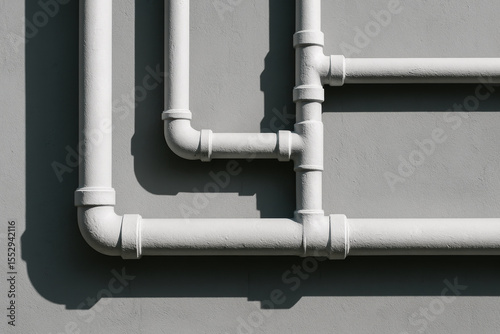 White industrial plumbing pipes mounted on a gray wall casting sharp shadows in direct sunlight, showcasing modern infrastructure