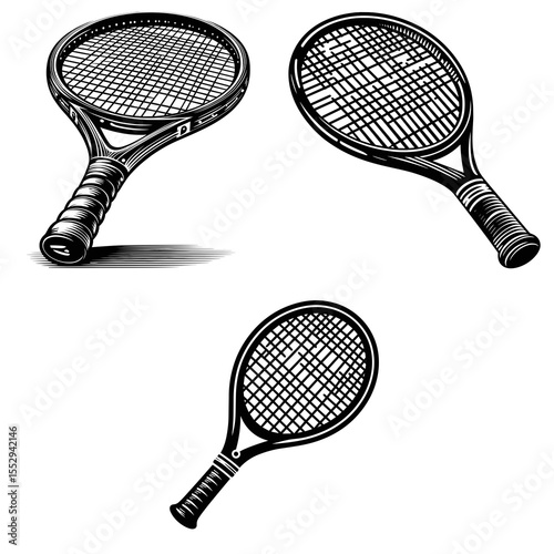 Tennis racket. Sports Game Athlete Fitness Exercise Equipment Clipart Line Art Vector Illustration. Lawn sport implement for striking a ball during court match.