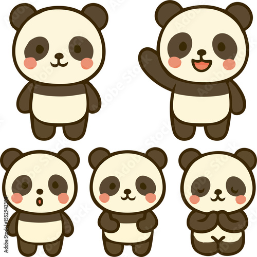 happy panda cartoon mascot vector set cute black and white bear character smiling joyful face in various poses sitting waving jumping dancing for kids animal design