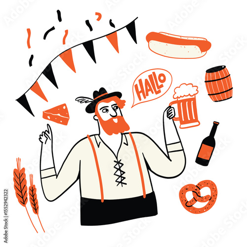Unique culture vector illustration of Germany. A humorous cartoon featuring black and white line characters and a fun theme.