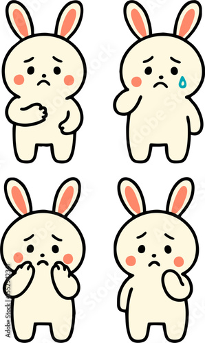 sad bunny cartoon mascot vector set cute white rabbit character with crying face in different poses sitting lying down wiping tears for kids animal design
