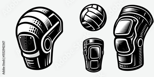 Volleyball knee pad. Sports Game Athlete Fitness Exercise Equipment Clipart Line Art Vector Illustration. Sport joint protector leg cushion for volley ball activity gear.